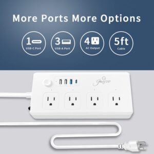 Power Strip Surge Protector,Jinvoo USB C Power Strip with 4 AC Outlets & 4 USB Ports, PD 40W USB C Power Strip with 5FT Extension Cord,ETL Listed,Mountable Power Strip for Home & Office,White