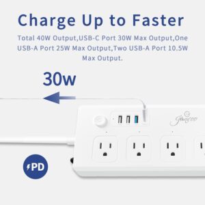 Power Strip Surge Protector,Jinvoo USB C Power Strip with 4 AC Outlets & 4 USB Ports, PD 40W USB C Power Strip with 5FT Extension Cord,ETL Listed,Mountable Power Strip for Home & Office,White