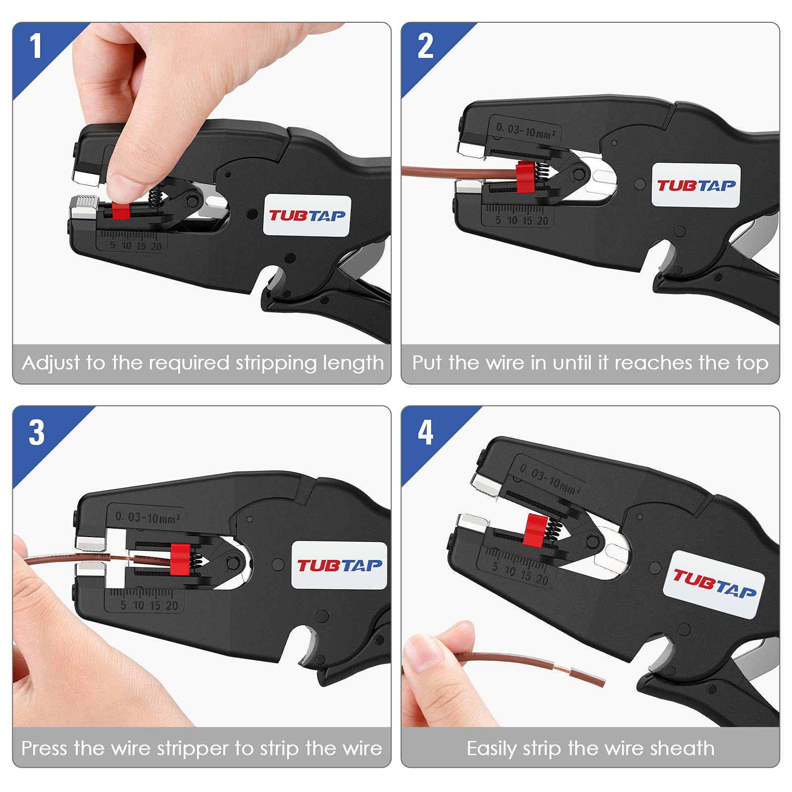 Wire Stripper Automatic, TUBTAP Quick 2 in 1 Wire Stripper Tool [AWG 32-7] - Self Adjusting Wire Stripper for Single-Conductor Stranded or Solid Wire, Wire Stripper Tool for Range 0.25-0.75 Inch