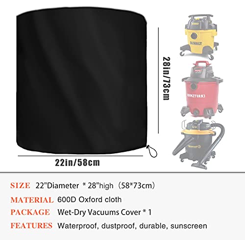 Heavy Duty Wet Dry Vacuum Cover, 22x28 inches, Black, 600D Fabric, Handle and Drawstring, Protects Against Sun, Rain, Snow