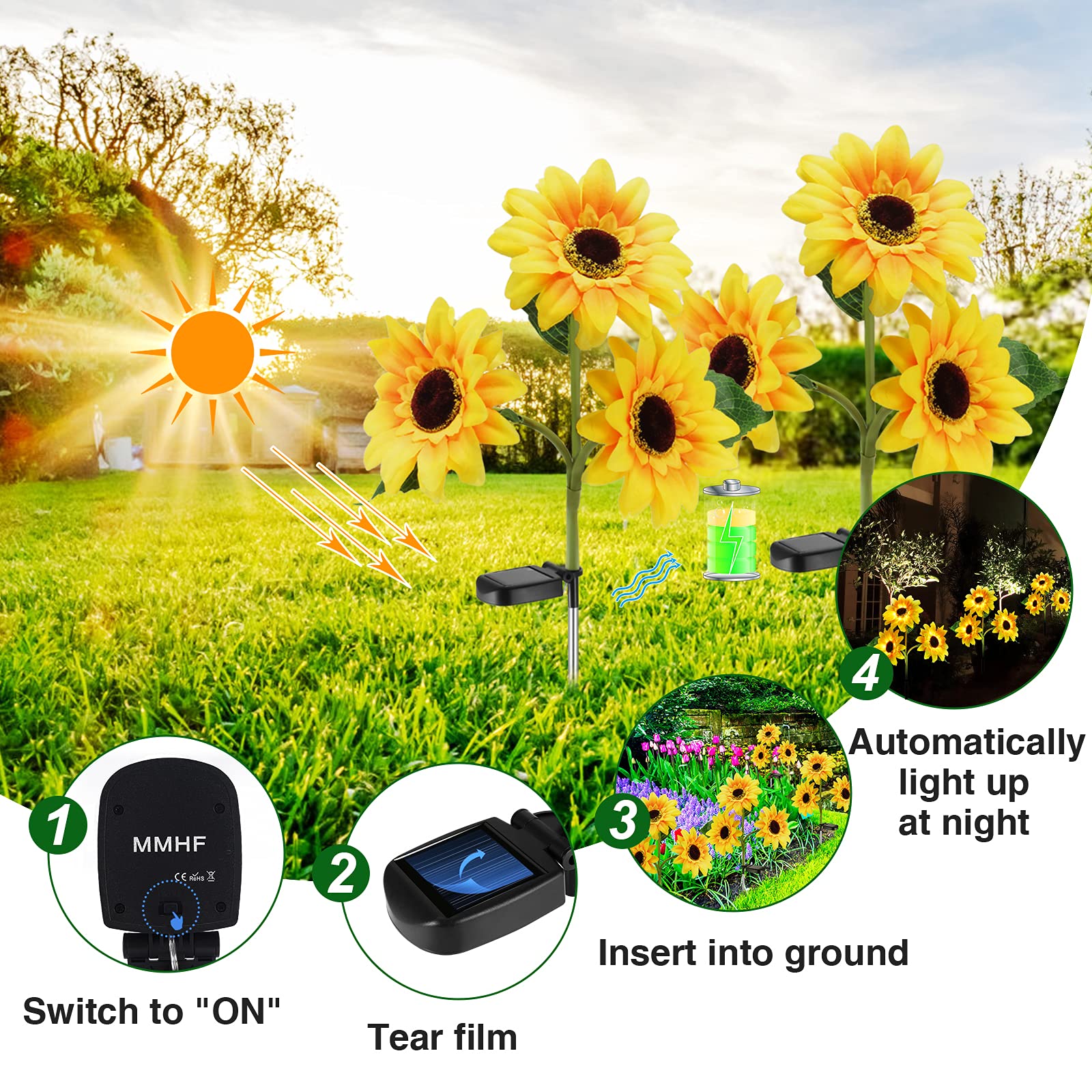 MMHF Outdoor Solar Garden Stake Lights,Upgraded LED Solar Powered Light with 3 Sunflower, Waterproof Solar Decorative Lights for Garden, Patio, Backyard (2 Pack)