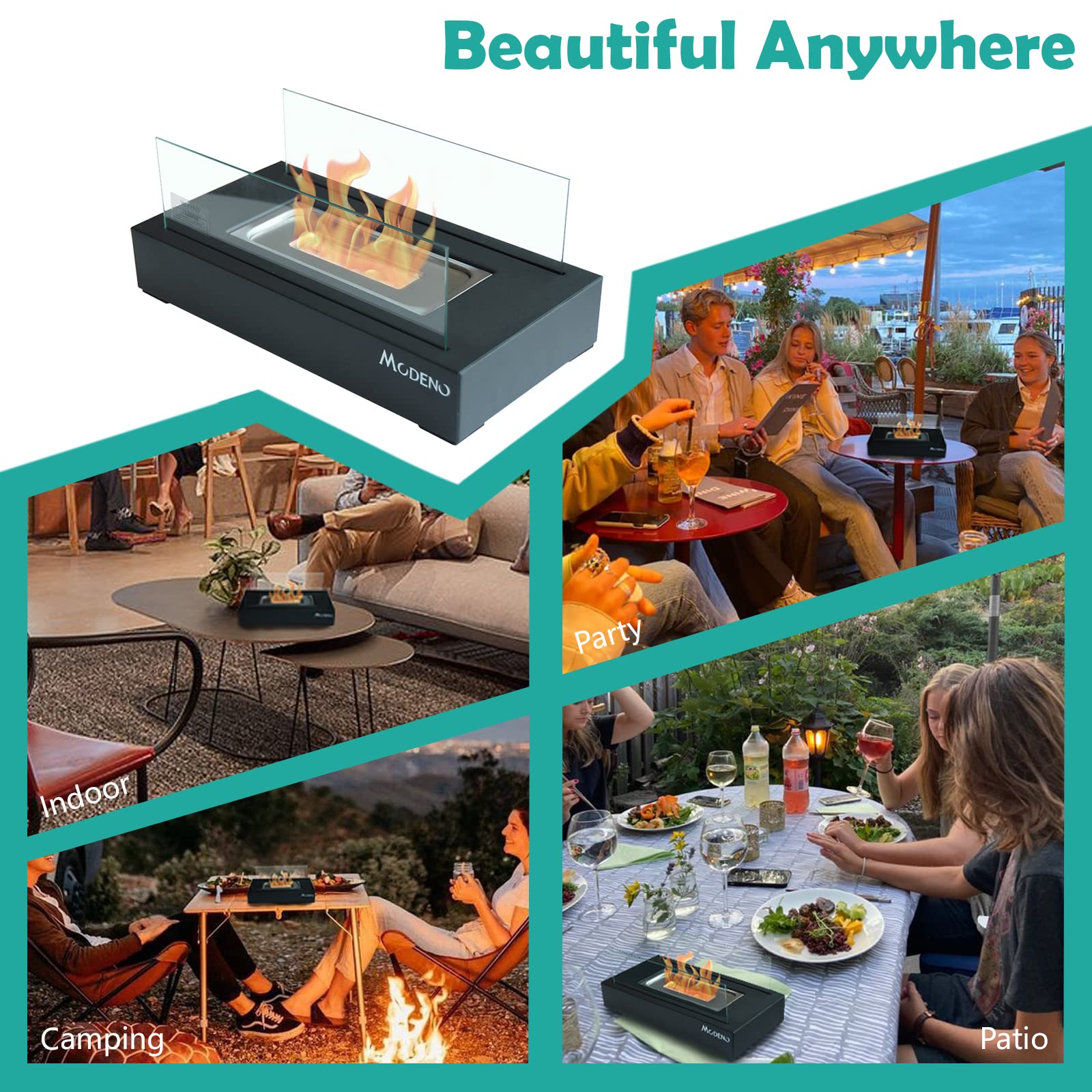 Ocean Rock Modeno Tabletop Fire Pit Small Fire Pit Bio Ethanol Firepits L14 in. Metal Black Rectangle Fire pits 13.8inchinchx7.1inchinchx 5.7inchinch EFS01