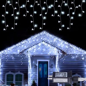bstge christmas icicle lights outdoor, 38.4ft led plug in led string lights with 8 modes, waterproof christmas icicle lights for patio, yard, garden decoration (white)