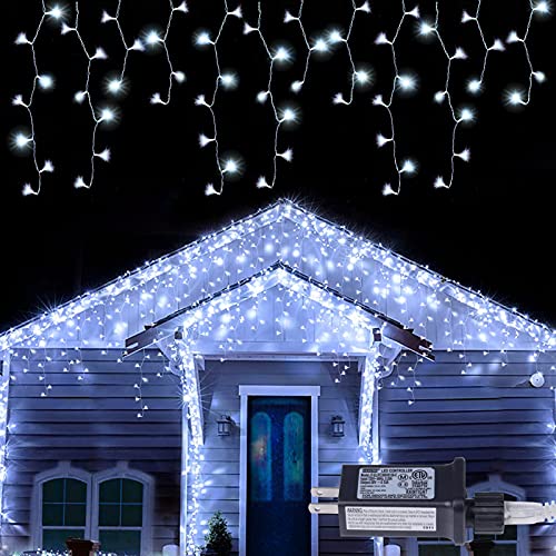 Bstge Christmas Icicle Lights Outdoor, 38.4ft LED Plug in LED String Lights with 8 Modes, Waterproof Christmas Icicle Lights for Patio, Yard, Garden Decoration (White)