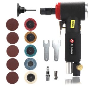 si fang 16pcs air die grinder kit, right angle die grinder with 1/4" 1/8" collets and 2" quick change roll lock sanding discs accessories set, 20,000rpm pneumatic air grinding tools attachments black