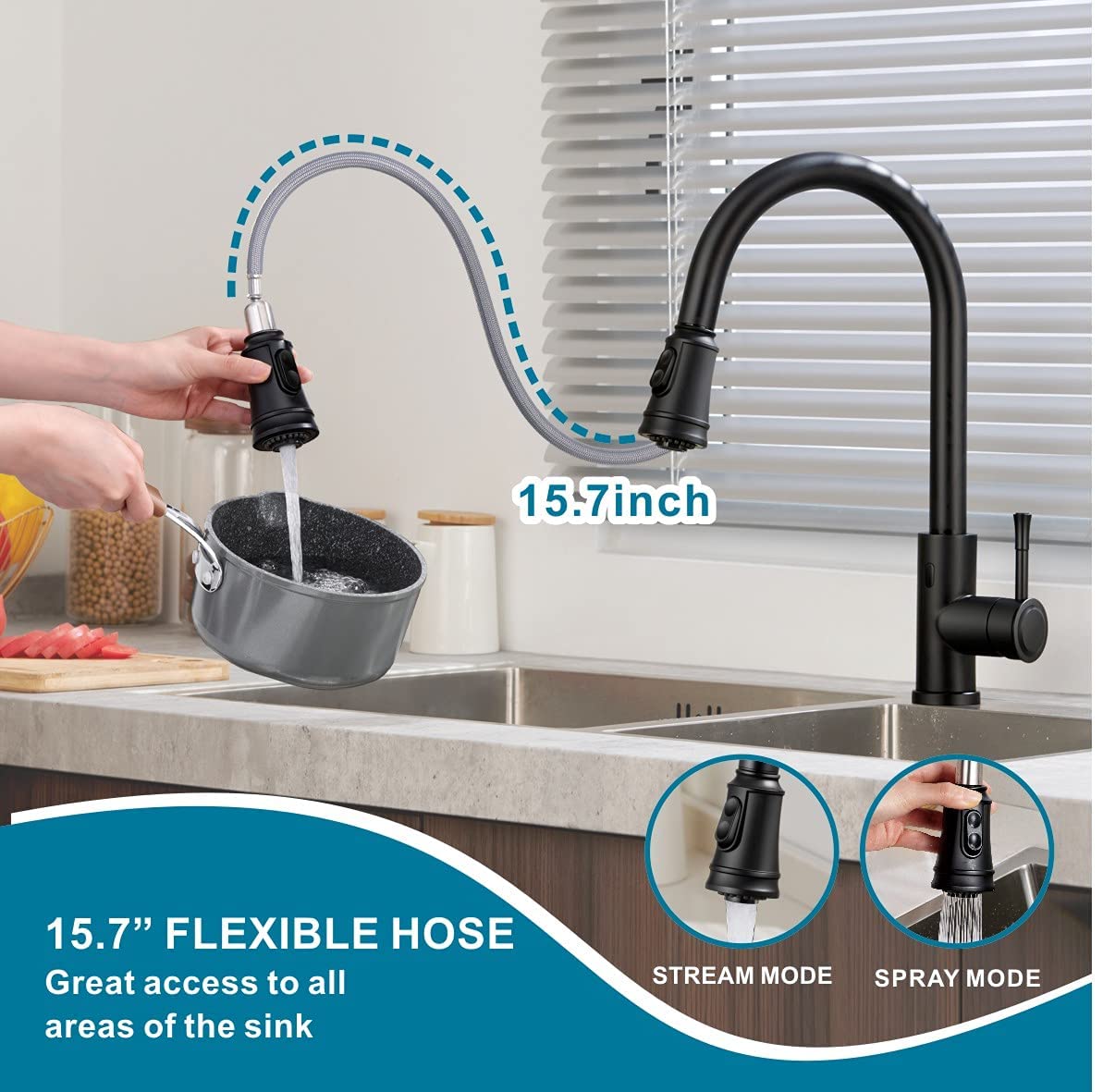 Welsan Touchless Kitchen Faucet, Hands-Free Automatic Smart Faucet with Pull Down Sprayer, Stainless Steel Matte Black, Single Handle Motion Sensor Activated Faucet for Kitchen Sink