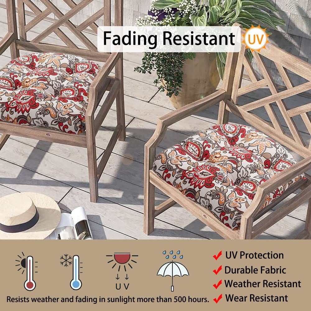 Magpie Fabrics Outdoor/Indoor Tufted Seat Cushion with Ties Set of 2, 19"x19" Waterproof Patio Chair Pads Tatami Floor Pillow for Room Garden Balcony Office Decor(Botanical Red)
