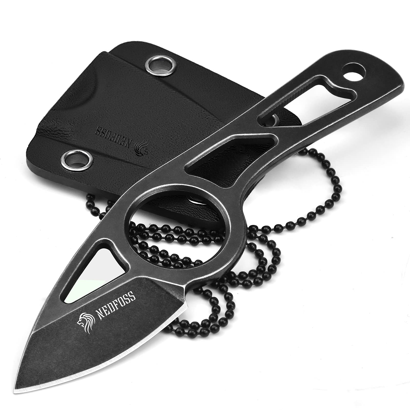 NedFoss Neck Knife with Sheath and Necklace, Spear Finger Hole Fixed Blade EDC Knife, 1.9" Small Knife Necklace for Men Women, EDC Utility Knife Mini Box Cutter