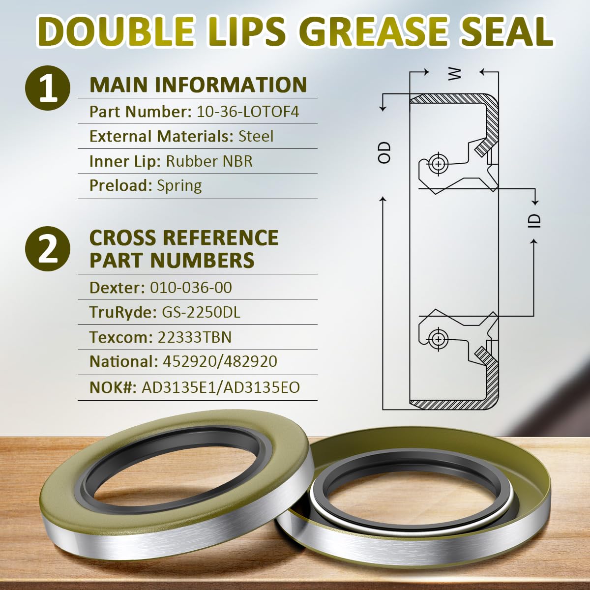 NOOTO 4 Pack 10-36-LOTOF4 Double Lip Grease Seal 2.25 x 3.376 Compatible with Dexter 010-036-00, TruRyde GS-2250DL, Texcom 22333TBN, National 452920, 482920, NOK AD3135E1, AD3135EO