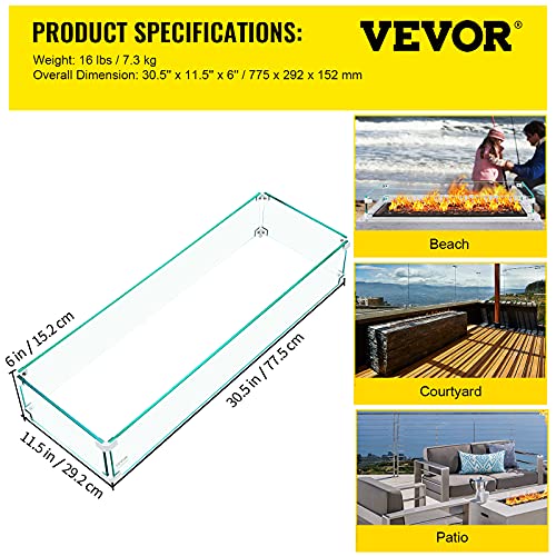 VEVOR Fire Pit Wind Guard, 30.5 x 11.5 x 6 Inch Glass Wind Guard, Rectangular Glass Shield, 0.3" Thick Clear Tempered Glass Flame Guard, Steady Feet Tree Pit Guard for Propane, Gas, Outdoor