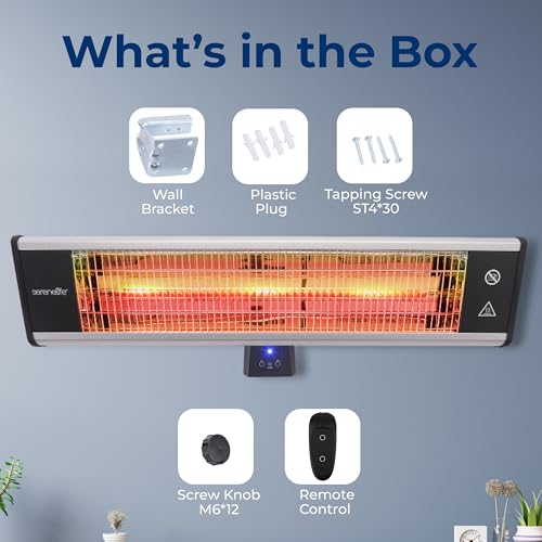 SereneLife Infrared Outdoor Electric Space Heater, Wall Mounted Heater, 1500 W, Electric Patio Heater w/ Remote Control 26" x 8" for Restaurant, Patio, Backyard, Garage, Decks Black