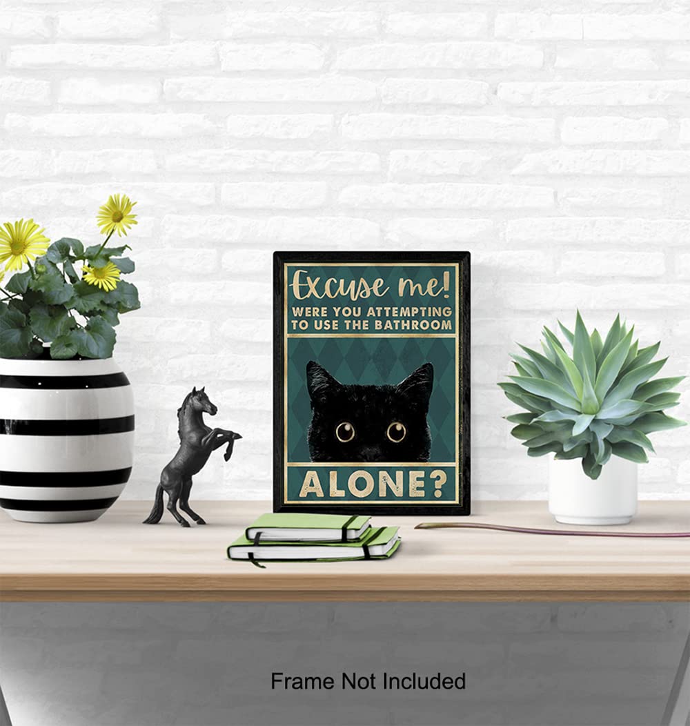 Cat Bathroom Wall Art & Decor - Funny Bathroom Wall Decor - Guest Bathroom - Restroom Sign - Excuse Me Bath Wall Decor - Unique Bathroom Decorations for Women, Kitty, Kitten Fan - Powder Room Wall Art