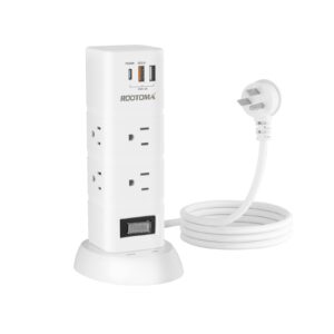 power strip tower 6 outlets with 3 usb ports(pd20w & qc18w) quick desk charging station, 6 ft white extension cord, flat plug, multi plug outlet extender,1080 j surge protector for home office