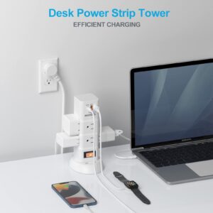 Power Strip Tower 6 Outlets with 3 USB Ports(PD20W & QC18W) Quick Desk Charging Station, 6 ft White Extension Cord, Flat Plug, Multi Plug Outlet Extender,1080 J Surge Protector for Home Office