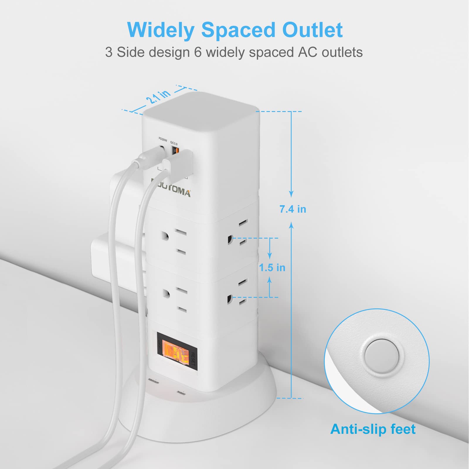 Power Strip Tower 6 Outlets with 3 USB Ports(PD20W & QC18W) Quick Desk Charging Station, 6 ft White Extension Cord, Flat Plug, Multi Plug Outlet Extender,1080 J Surge Protector for Home Office