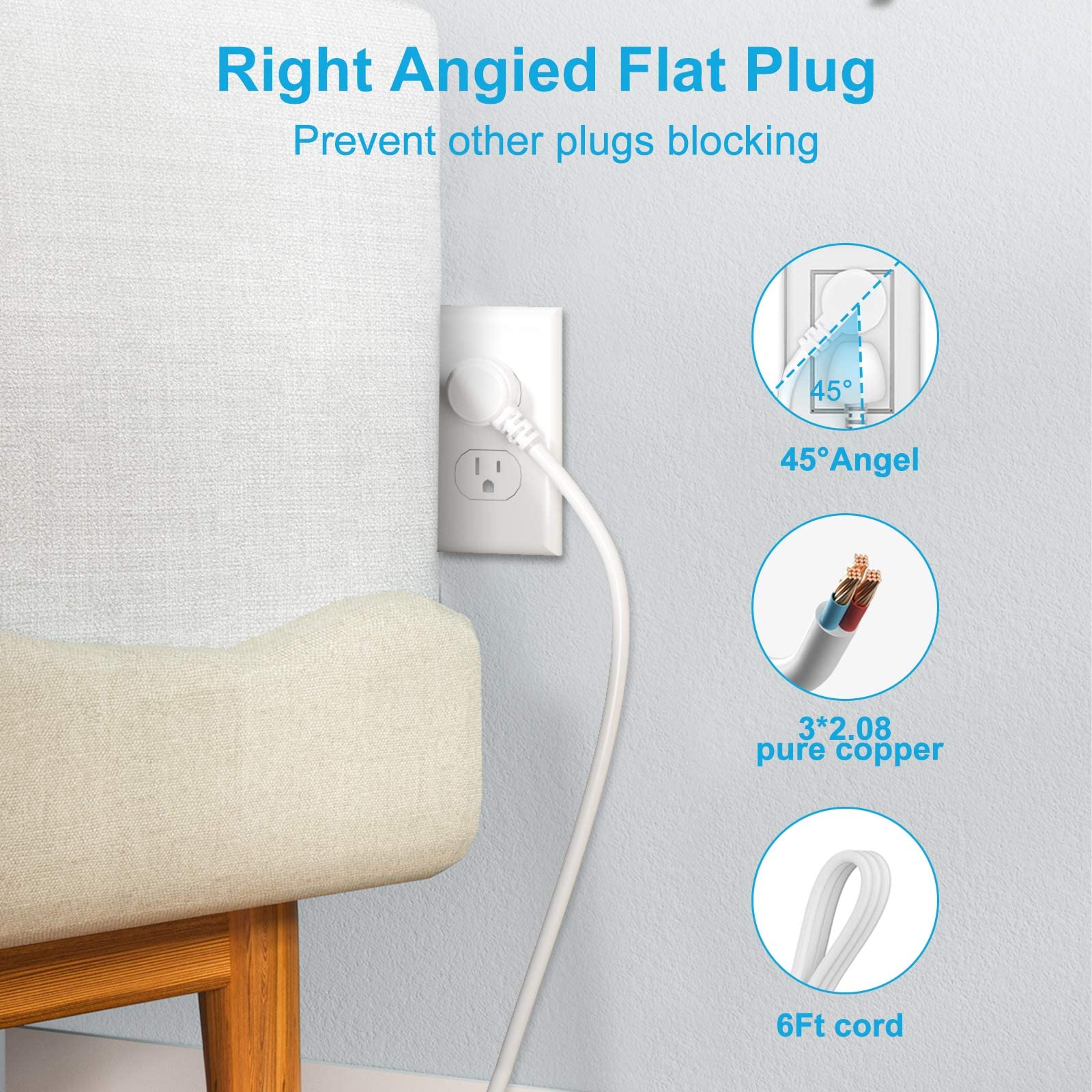 Power Strip Tower 6 Outlets with 3 USB Ports(PD20W & QC18W) Quick Desk Charging Station, 6 ft White Extension Cord, Flat Plug, Multi Plug Outlet Extender,1080 J Surge Protector for Home Office