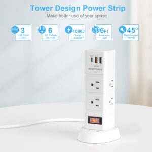 Power Strip Tower 6 Outlets with 3 USB Ports(PD20W & QC18W) Quick Desk Charging Station, 6 ft White Extension Cord, Flat Plug, Multi Plug Outlet Extender,1080 J Surge Protector for Home Office