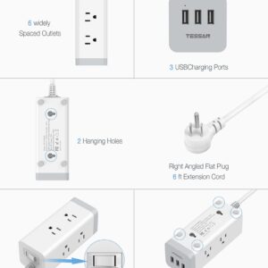 Surge Protector Extension Cord 6 Feet, TESSAN Flat Plug Power Strip with 6 Outlet and 3 USB Ports, 3 Prong Desk Charging Station for Home Office Supplies, Dorm Room Essentials, 13A/1625W, 1050J White