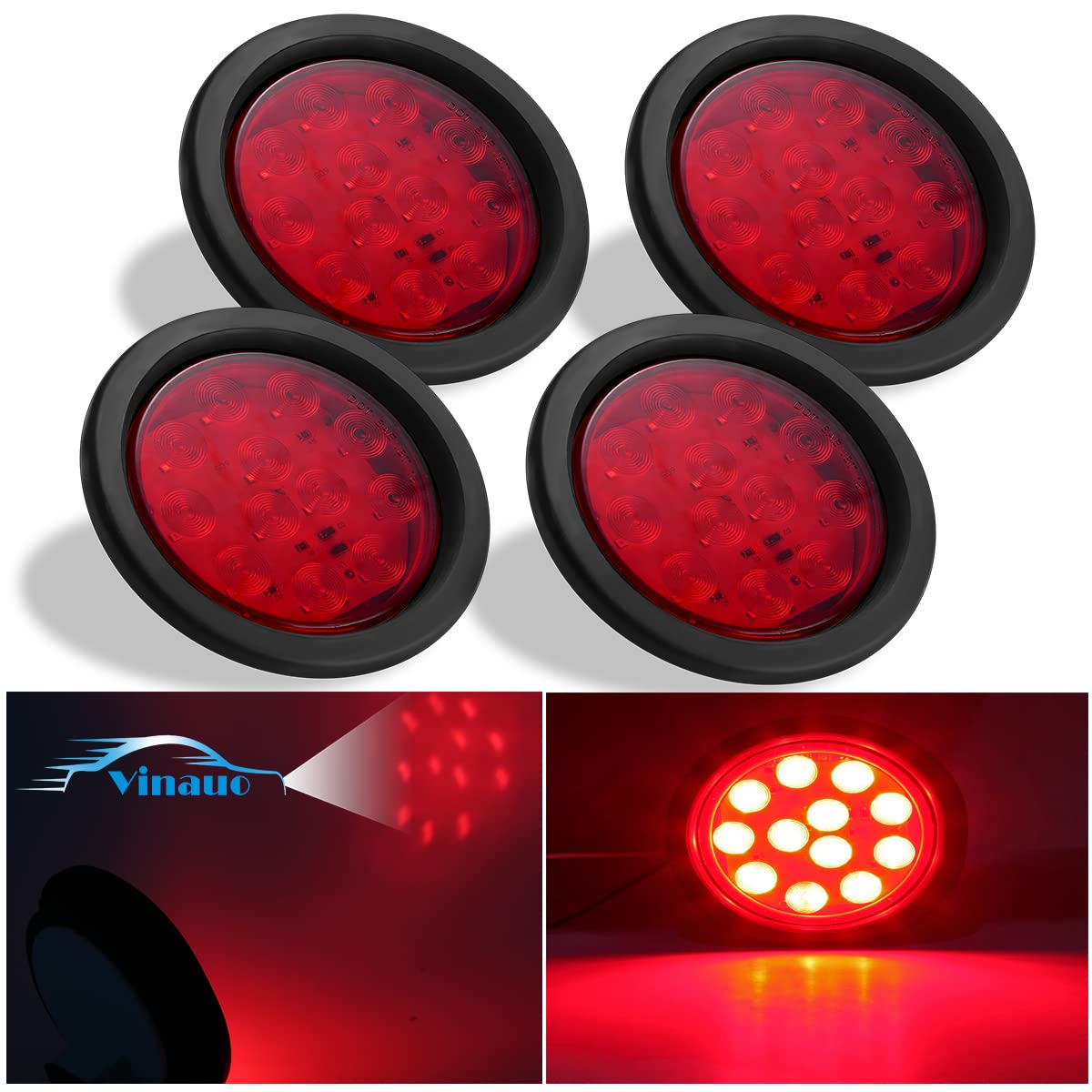 VINAUO Led Trailer Lights, 4 Inch Trailer Lights with Grommet Plug, 12 LED Brake Stop Turn Signal Tail Light For Utility Trailer Lights RV Truck Tractor Cargo Boat UTE UTV IP68 (Pack of 4)