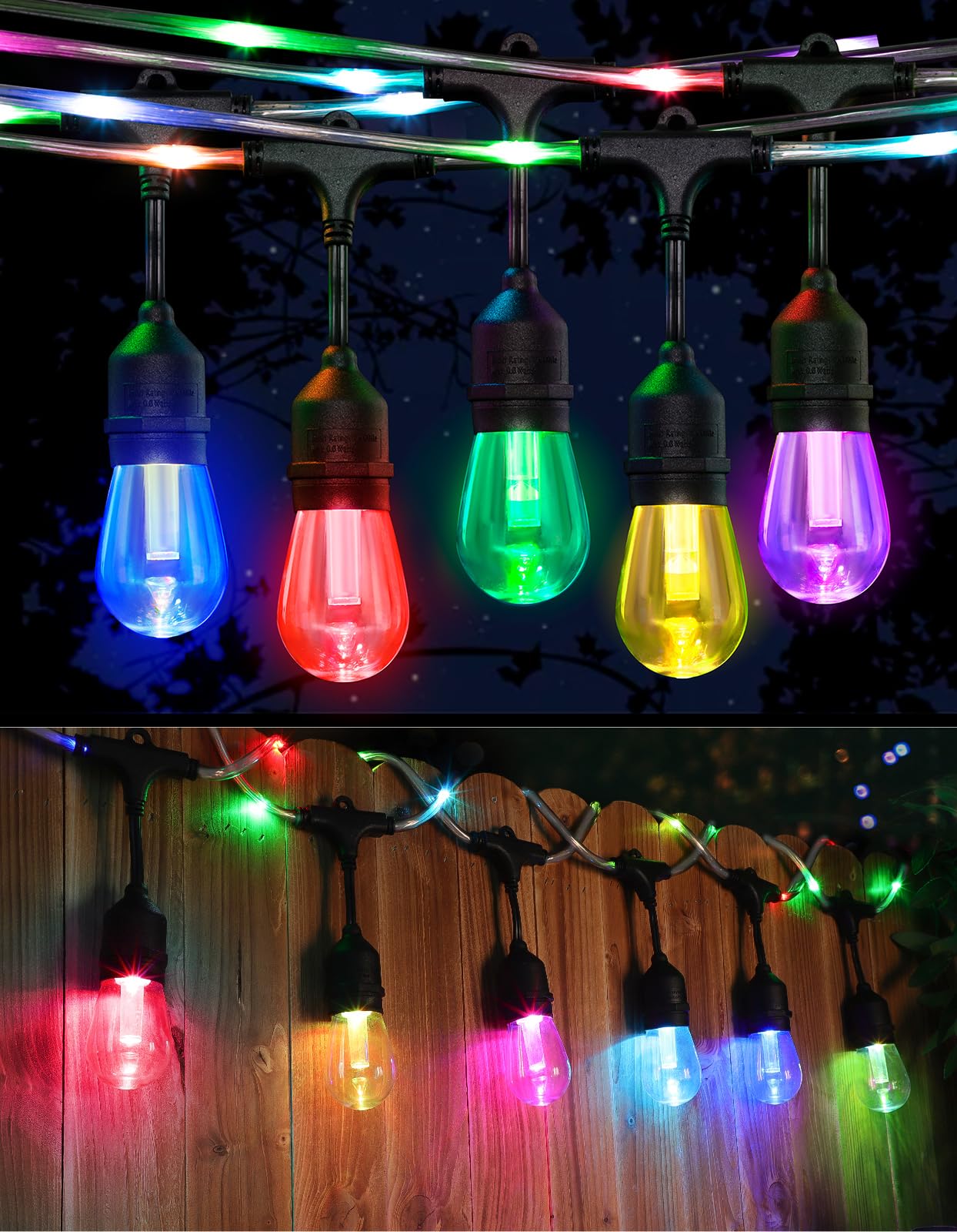 YLXS 48FT RGB String Lights with Rope Fairy, LED RGB Café Patio Lights Outdoor with Remote, Waterproof Shatterproof Edison String Lights for Garden