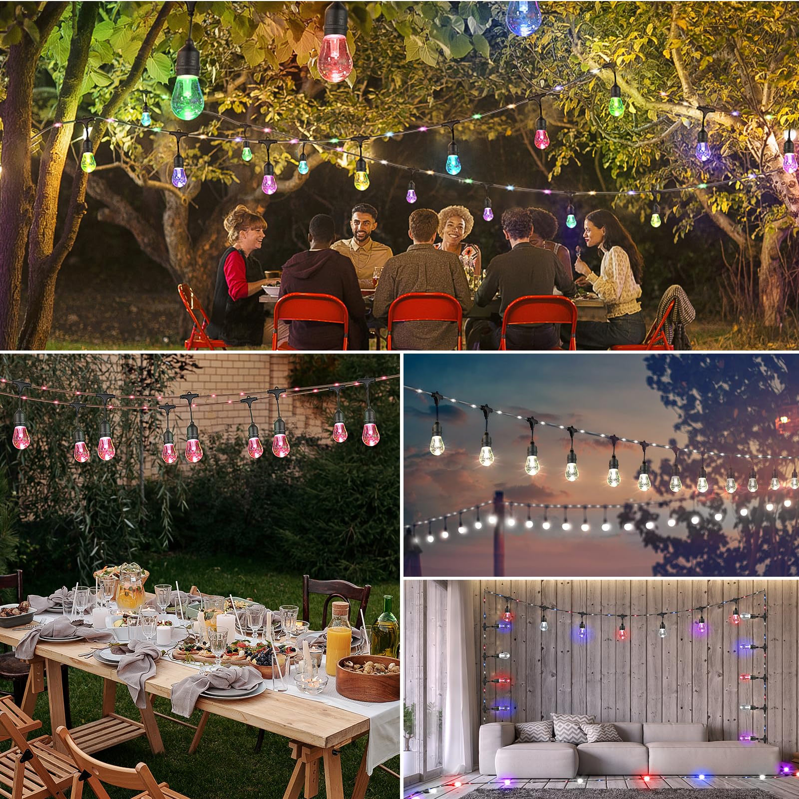 YLXS 48FT RGB String Lights with Rope Fairy, LED RGB Café Patio Lights Outdoor with Remote, Waterproof Shatterproof Edison String Lights for Garden