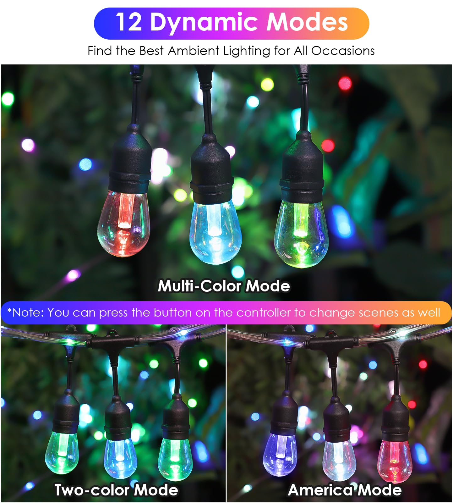 YLXS 48FT RGB String Lights with Rope Fairy, LED RGB Café Patio Lights Outdoor with Remote, Waterproof Shatterproof Edison String Lights for Garden