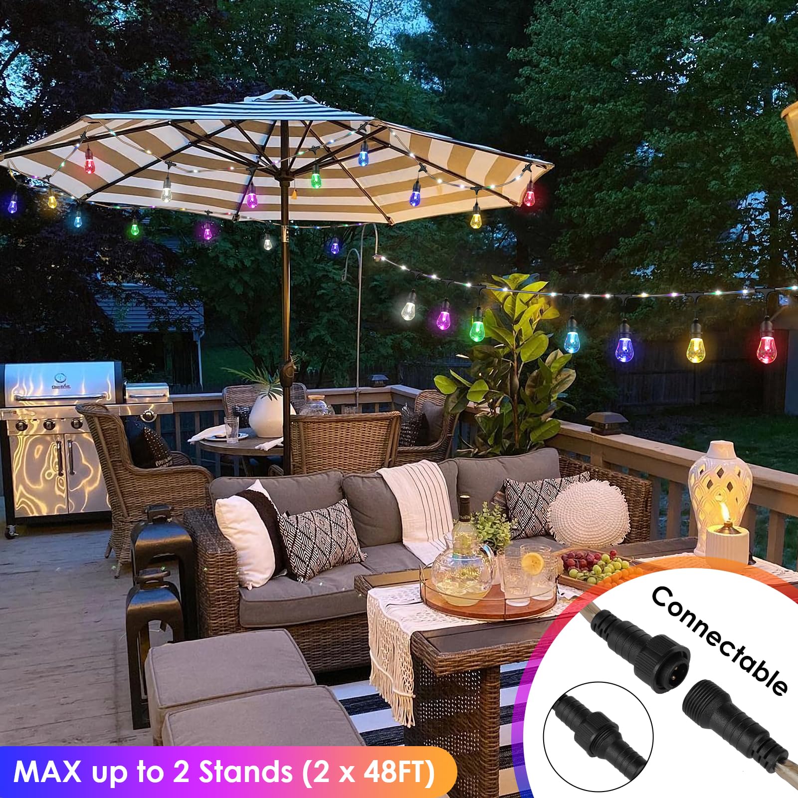 YLXS 48FT RGB String Lights with Rope Fairy, LED RGB Café Patio Lights Outdoor with Remote, Waterproof Shatterproof Edison String Lights for Garden