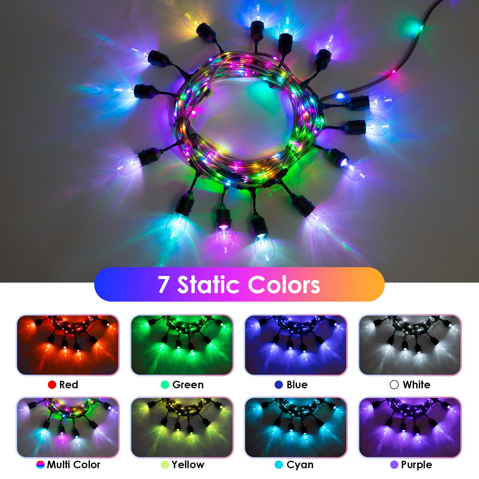 YLXS 48FT RGB String Lights with Rope Fairy, LED RGB Café Patio Lights Outdoor with Remote, Waterproof Shatterproof Edison String Lights for Garden