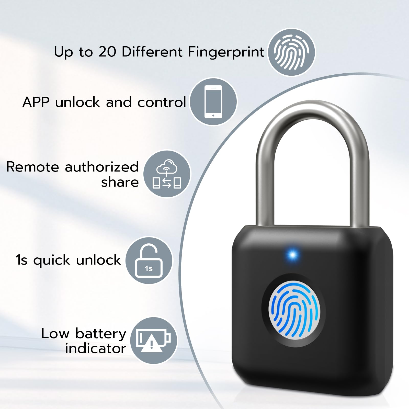 Fingerprint Padlock, Pothunder Padlock, Locker Lock, Combination Lock, Fingerprint Lock with APP Unlock, USB Rechargeable, Suitable for Gym Locker, Door, Locker(Black)