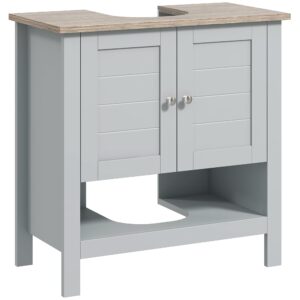 kleankin pedestal sink storage cabinet, under sink cabinet, bathroom vanity cabinet with adjustable shelf and open bottom shelf, gray