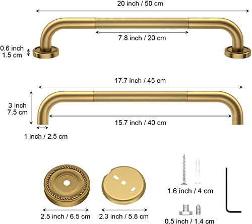 20 Inch Anti Slip Bronze Shower Grab Bar Polished Gold,ZUEXT Antique Brass Bathroom Grab Bar, Knurled Bathroom Balance Bar, Safety Hand Rail Support Handicap Elderly Injury Senior Assist Bath Handle