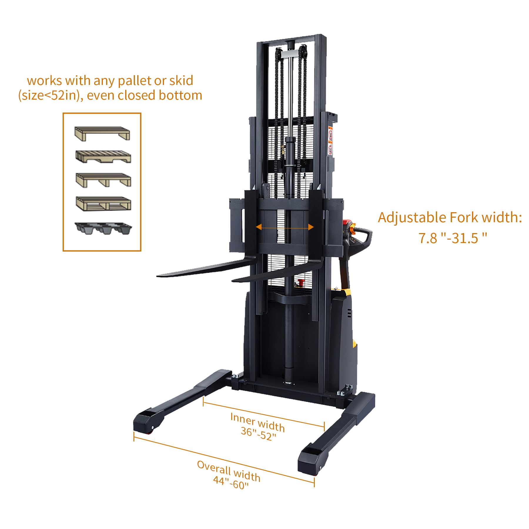 APOLLO Semi Electric Pallet Forklift Economy Hand Pallet Stacker Lift Jack with Straddle Legs 3300lbs Capactiy 118" Lifting Height