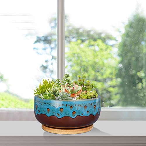 MPotTo 8 Inch Succulent Planter Pot Ceramic Round Shallow Planter Blue Flower Pot with Drainage Hole and Bamboo Tray