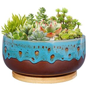 mpotto 8 inch succulent planter pot ceramic round shallow planter blue flower pot with drainage hole and bamboo tray