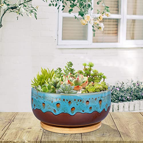 MPotTo 8 Inch Succulent Planter Pot Ceramic Round Shallow Planter Blue Flower Pot with Drainage Hole and Bamboo Tray