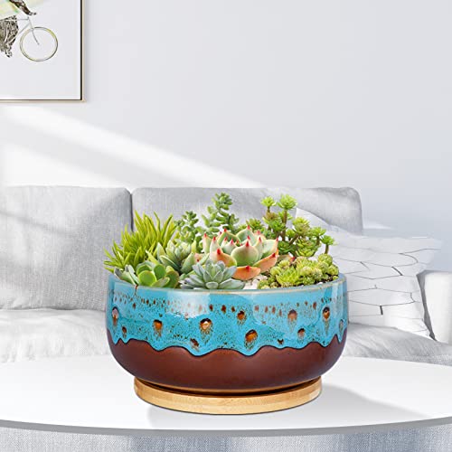MPotTo 8 Inch Succulent Planter Pot Ceramic Round Shallow Planter Blue Flower Pot with Drainage Hole and Bamboo Tray