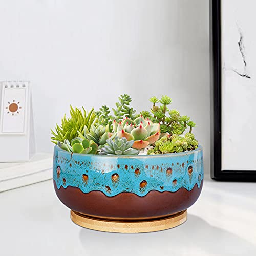 MPotTo 8 Inch Succulent Planter Pot Ceramic Round Shallow Planter Blue Flower Pot with Drainage Hole and Bamboo Tray