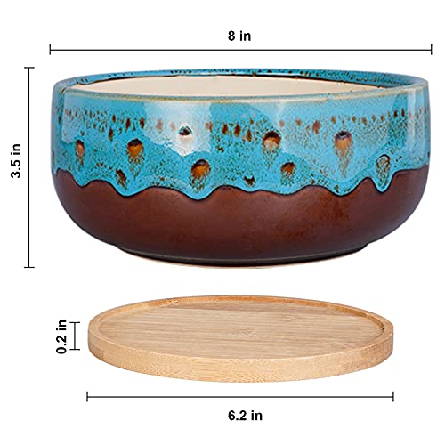 MPotTo 8 Inch Succulent Planter Pot Ceramic Round Shallow Planter Blue Flower Pot with Drainage Hole and Bamboo Tray