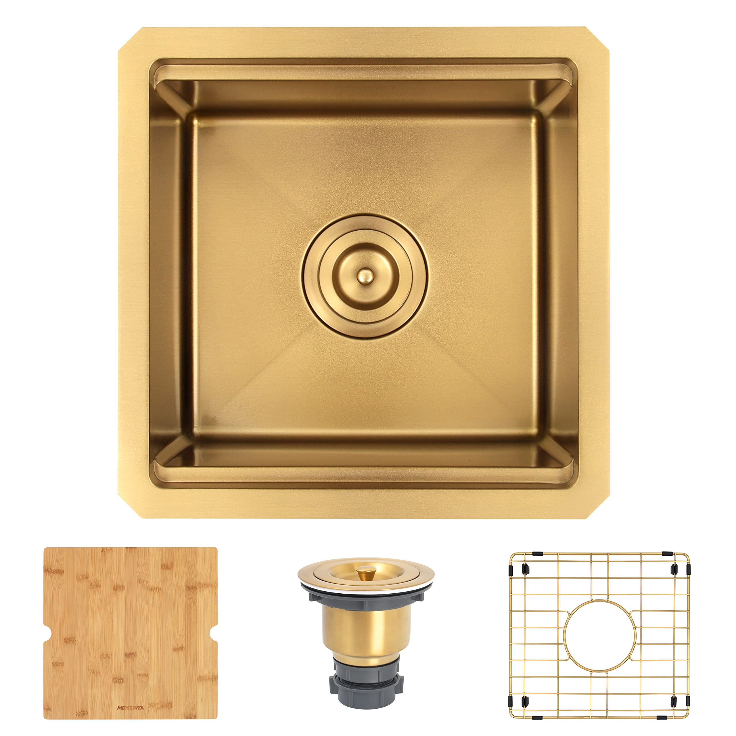 MONSINTA Gold Bar Sink, Undermount Bar Sink, 15" x 15" Small Single Bowl Bar Sink, RV Sink, 16 Gauge Stainless Steel Kitchen Sink with Sink Protector, Cutting Board and Sink Drain Assembly