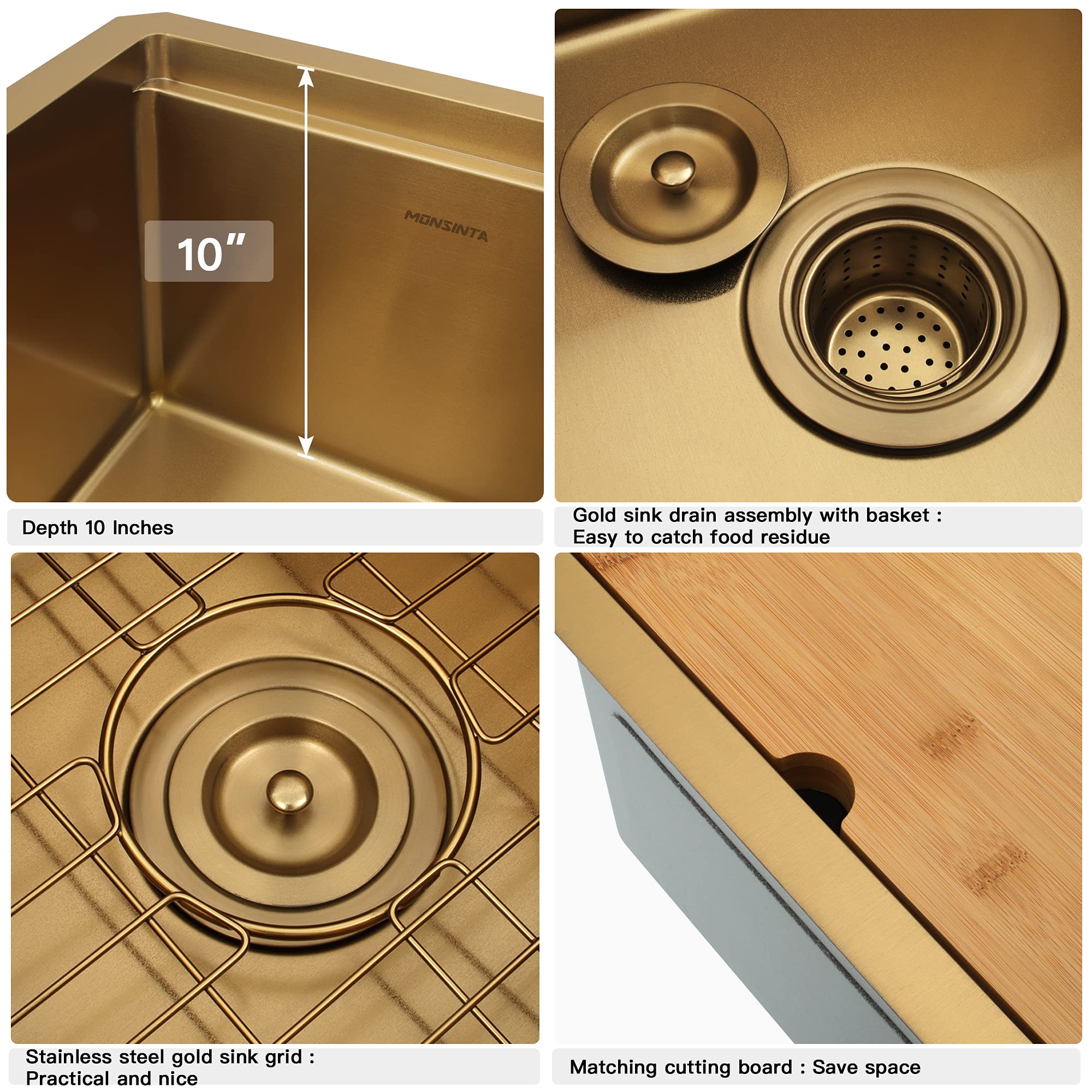 MONSINTA Gold Bar Sink, Undermount Bar Sink, 15" x 15" Small Single Bowl Bar Sink, RV Sink, 16 Gauge Stainless Steel Kitchen Sink with Sink Protector, Cutting Board and Sink Drain Assembly