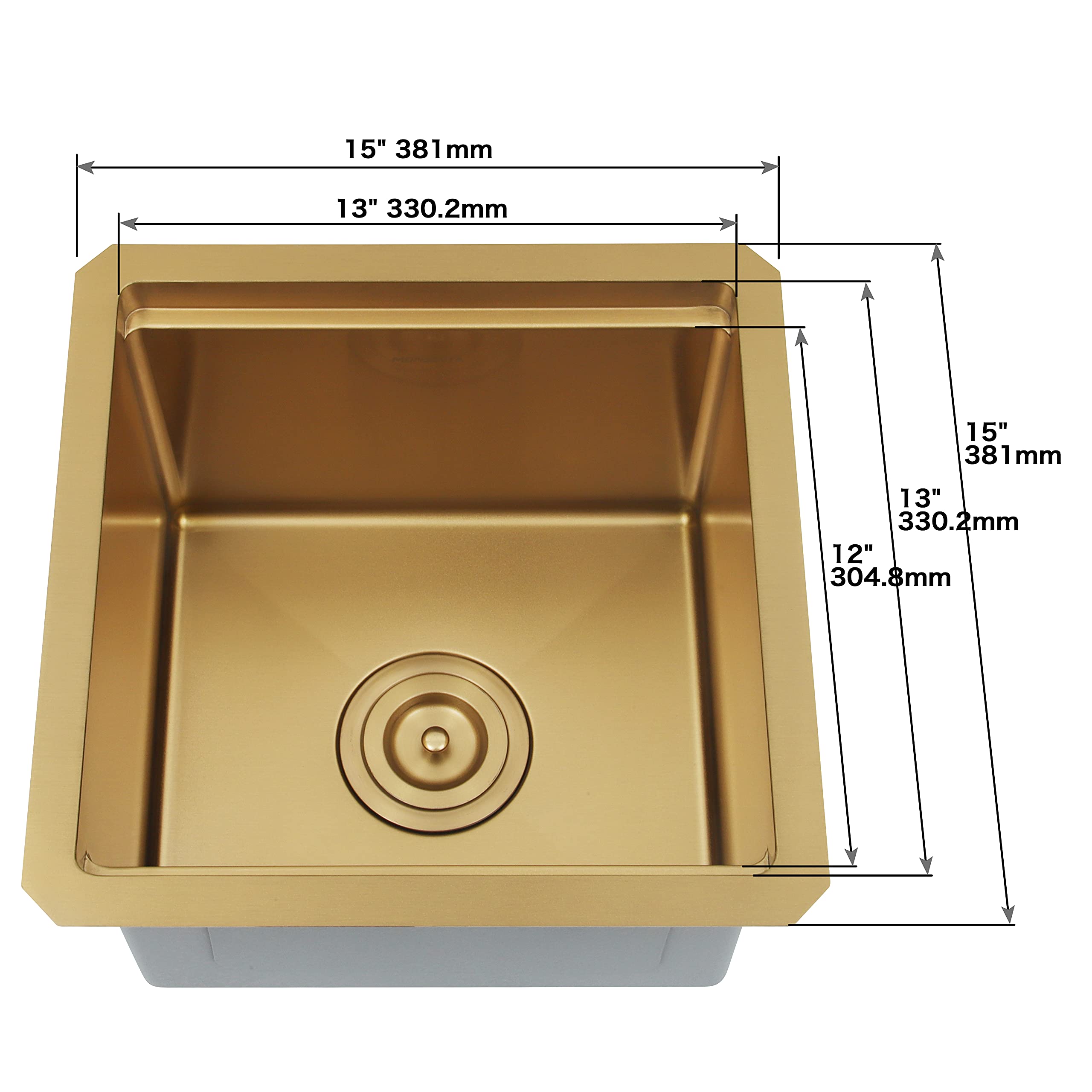 MONSINTA Gold Bar Sink, Undermount Bar Sink, 15" x 15" Small Single Bowl Bar Sink, RV Sink, 16 Gauge Stainless Steel Kitchen Sink with Sink Protector, Cutting Board and Sink Drain Assembly