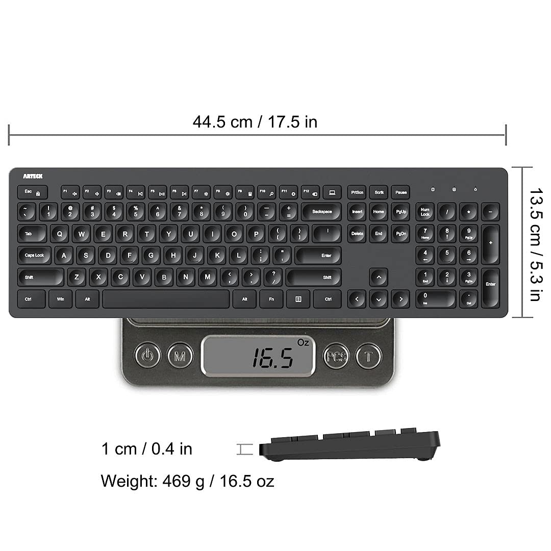 Arteck 2.4G Wireless Keyboard Ultra Slim Full Size Keyboard with Numeric Keypad and Media Hotkey for Computer/Desktop/PC/Laptop/Surface/Smart TV and Windows 11/10/ 8/7