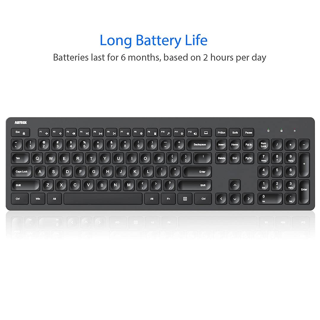 Arteck 2.4G Wireless Keyboard Ultra Slim Full Size Keyboard with Numeric Keypad and Media Hotkey for Computer/Desktop/PC/Laptop/Surface/Smart TV and Windows 11/10/ 8/7