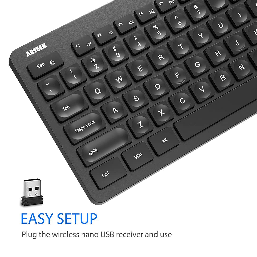 Arteck 2.4G Wireless Keyboard Ultra Slim Full Size Keyboard with Numeric Keypad and Media Hotkey for Computer/Desktop/PC/Laptop/Surface/Smart TV and Windows 11/10/ 8/7