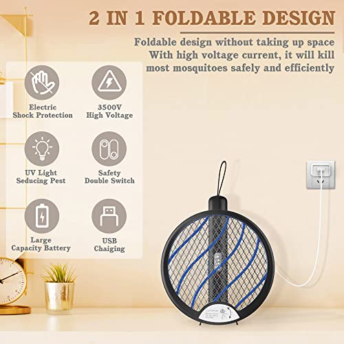 Electric Fly Swatter Racket 2 in 1 Foldable Bug Zapper Racket,3500V Fly Swatter Electric USB Rechargeable with 3-Layer Safety Mesh for Indoor and Outdoor