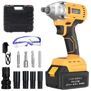 hongmai 21v max cordless impact wrench with 4.0ah li-ion battery, 1/2 inch, 260 ft-lbs(300n.m) max variable speed, fast charger, sockets set, tool box