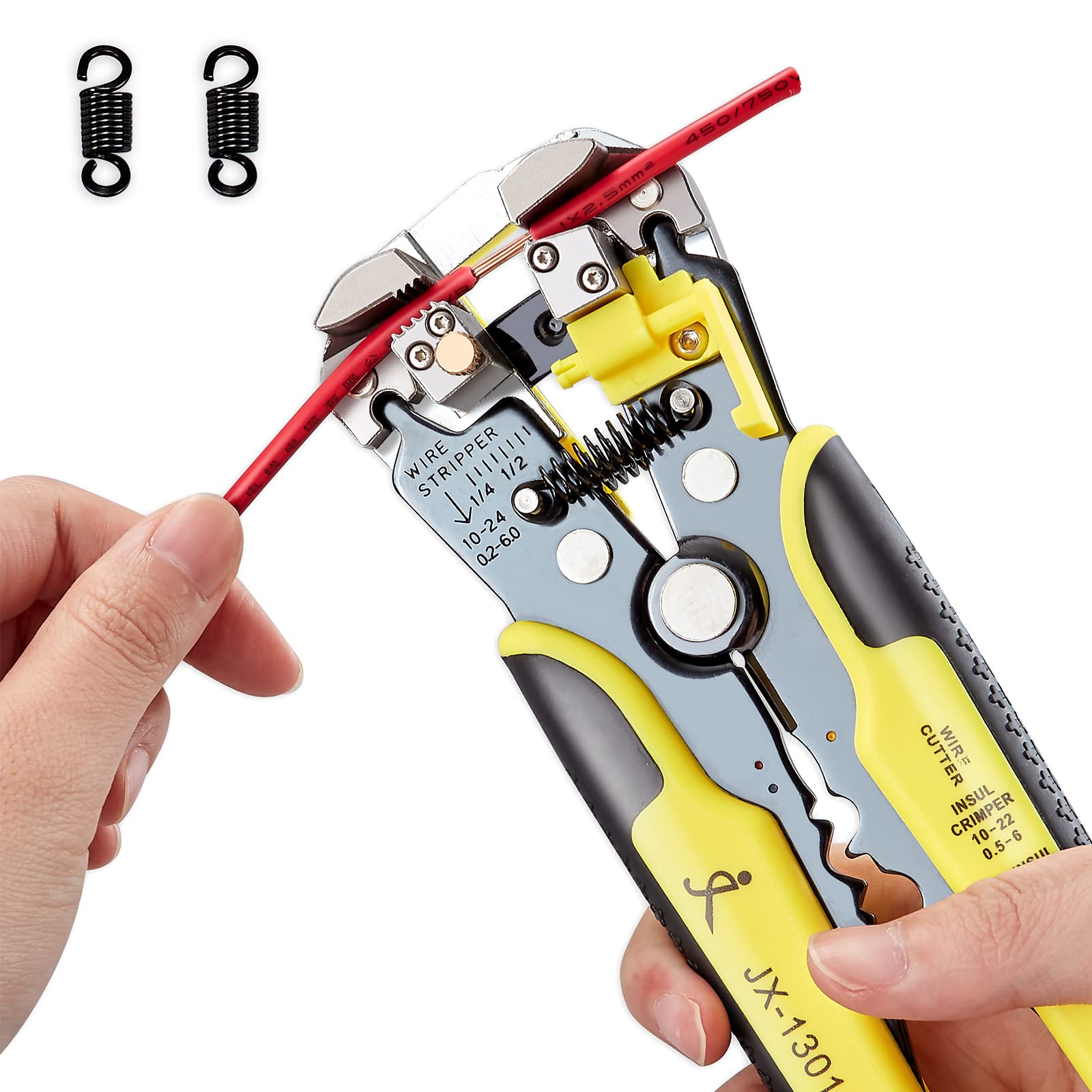 PARON Automatic Wire Stripper Tool with 2pcs Replaceable Springs, 8 Inch Wire Cutter Stripper Self Adjusting with Cable Zip Ties, Wire Stripping pliers 10-24 AWG with Cutting and Crimping