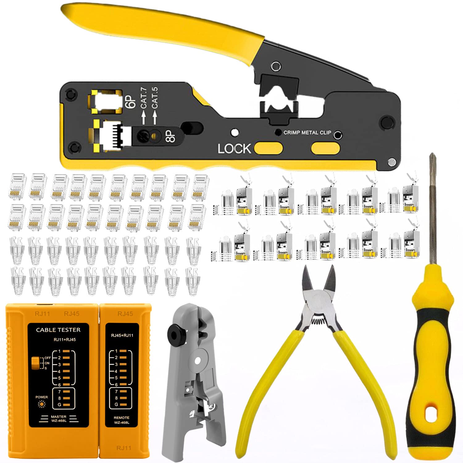 Gaobige rj45 Crimp Tool Kit, Pass Through Cat7 Cat6A Cat6 Cat5e Cat5 rj45 Crimping Tool with 10PCS Cat7 Shielded Connectors 10PCS Covers 20PCS Cat6 Pass Through Connectors 20PCS Covers Network Tester