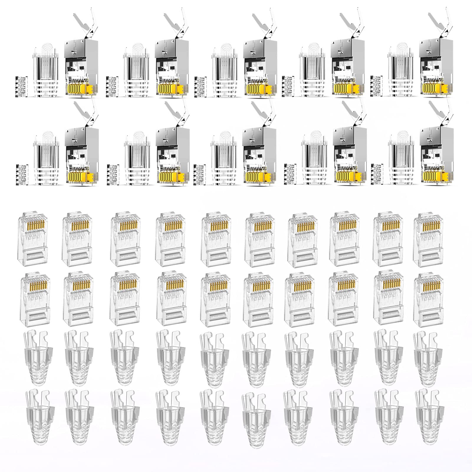 Gaobige rj45 Crimp Tool Kit, Pass Through Cat7 Cat6A Cat6 Cat5e Cat5 rj45 Crimping Tool with 10PCS Cat7 Shielded Connectors 10PCS Covers 20PCS Cat6 Pass Through Connectors 20PCS Covers Network Tester