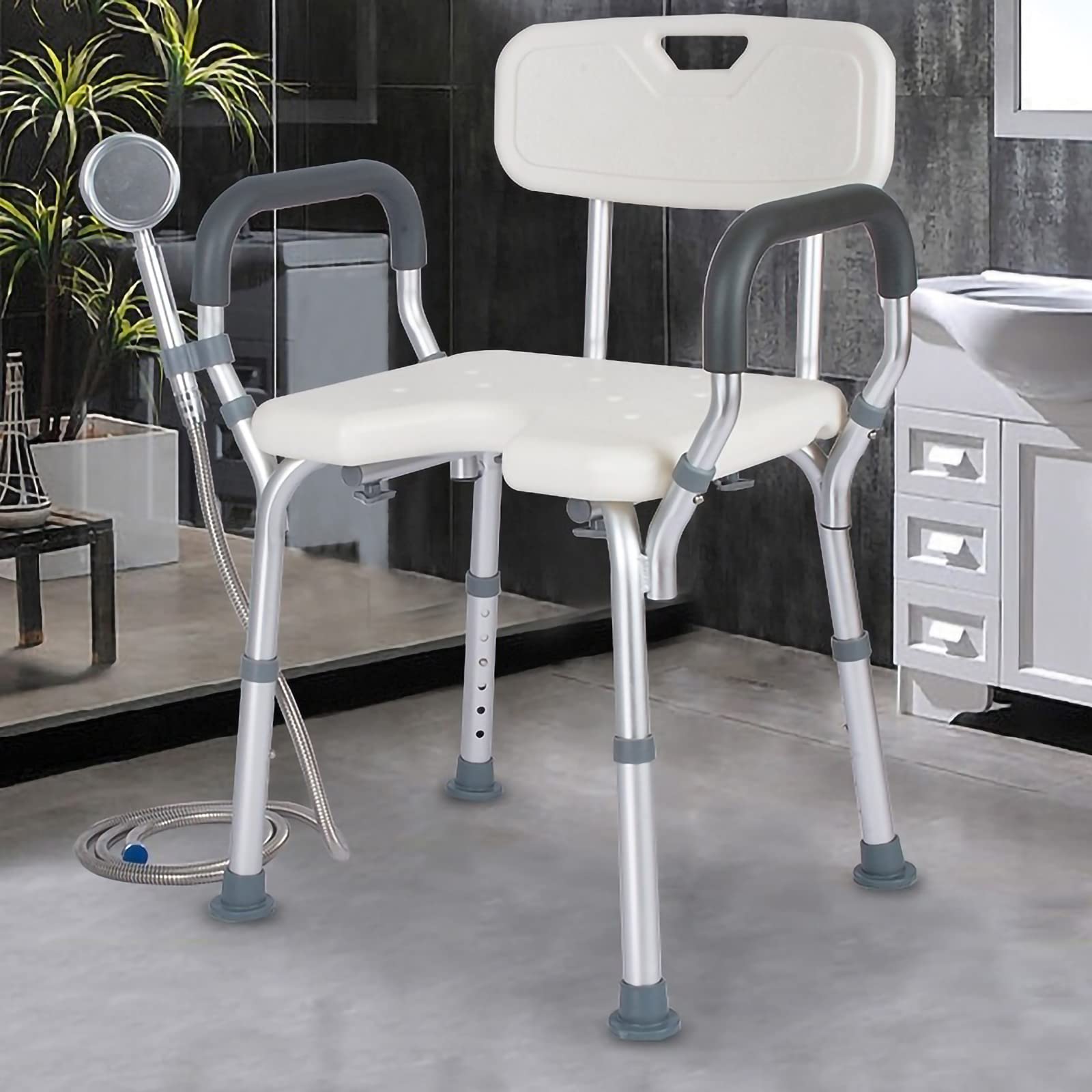 DECTRII Shower Chair with Back and Arms, 300 LBS Heavy Duty Shower Bath Seat for Handicap, Padded Bathtub Chair with Handles Shower Cutout Seat for Disabled, Seniors & Elderly